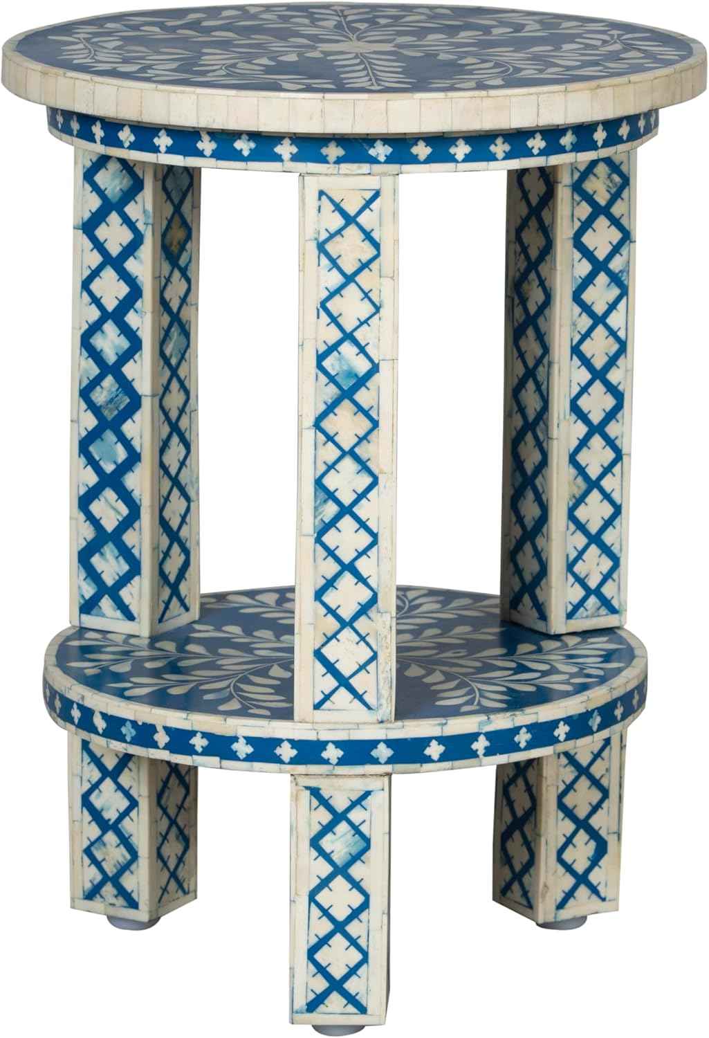 Handcrafted Bone Inlay End Table Elegant Accent Furniture with Intricate Floral Design for Living Room or Bedroom Décor