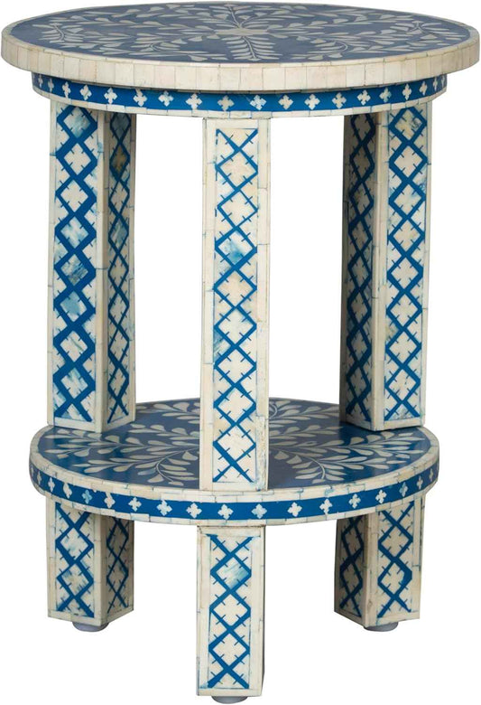 Handcrafted Bone Inlay End Table Elegant Accent Furniture with Intricate Floral Design for Living Room or Bedroom Décor