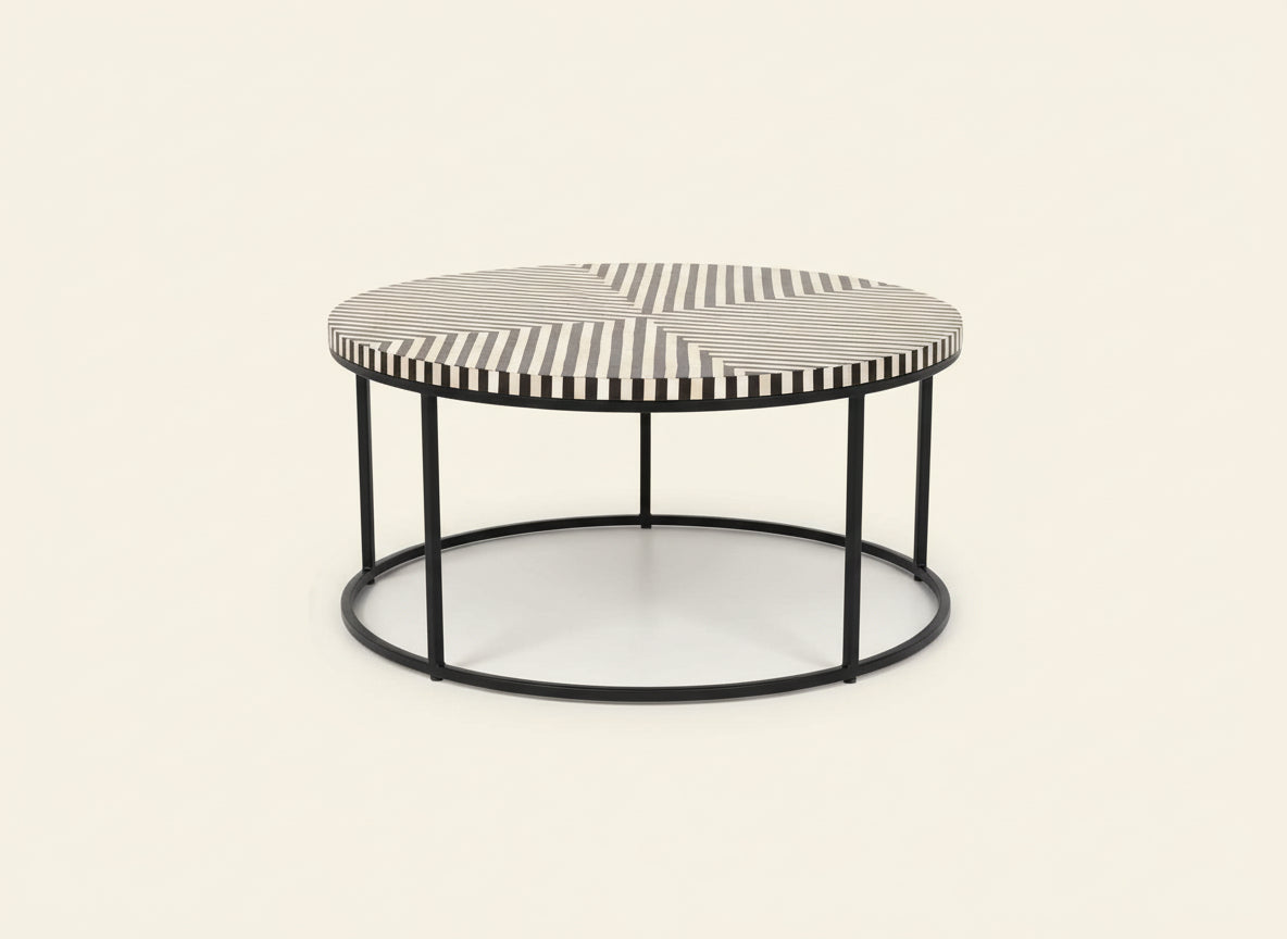 Bone Inlay Coffee Table with Black Stand Handcrafted Accent Furniture with Intricate Design Stylish Centerpiece for Living Room, Lounge, or Office Décor