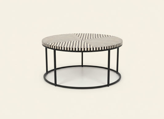 Bone Inlay Coffee Table with Black Stand Handcrafted Accent Furniture with Intricate Design Stylish Centerpiece for Living Room, Lounge, or Office Décor