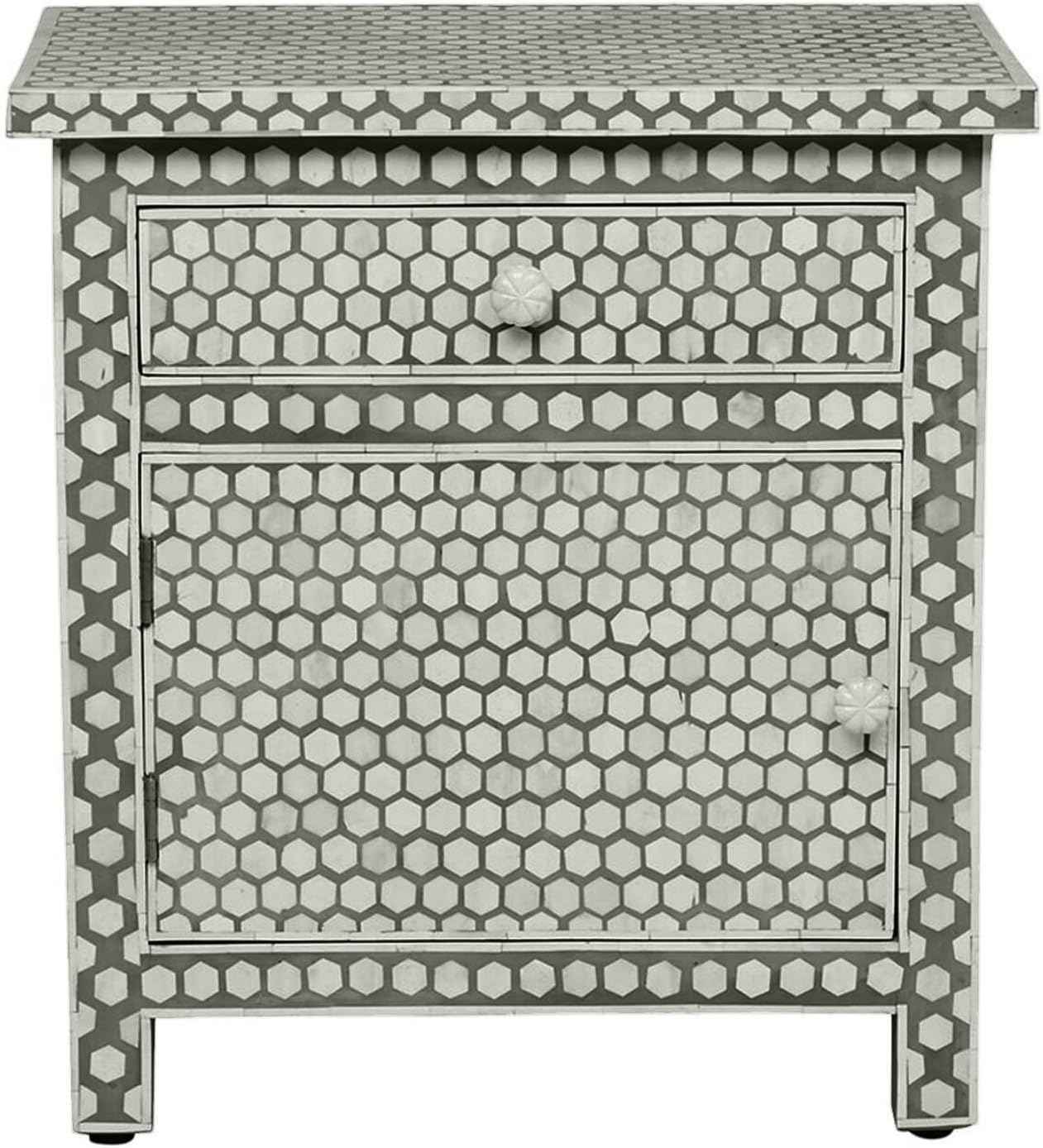 Bone Inlay Bedside Table with 2 Drawers Handcrafted Honeycomb Pattern Nightstand with Storage Modern Accent Furniture for Bedroom, Living Room or Entryway Décor