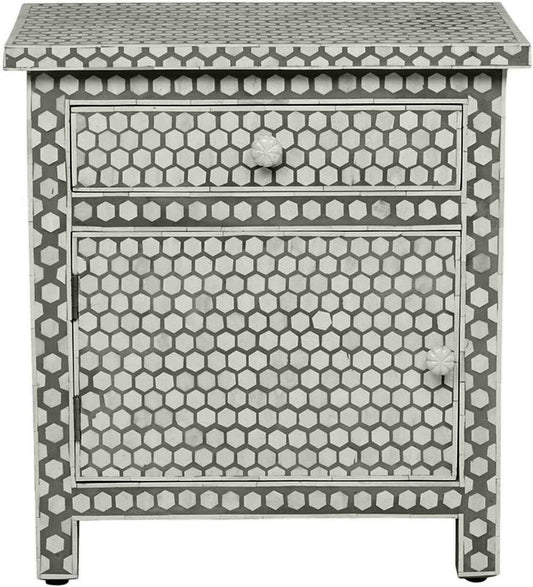 Bone Inlay Bedside Table with 2 Drawers Handcrafted Honeycomb Pattern Nightstand with Storage Modern Accent Furniture for Bedroom, Living Room or Entryway Décor