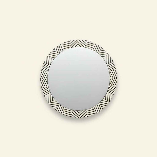 Handcrafted Bone Inlay Mirror Frame Intricately Designed Decorative Wall Mirror with ZigZag Geometric Patterns Accent for Living Room, Bedroom, Entryway, or Vanity Décor