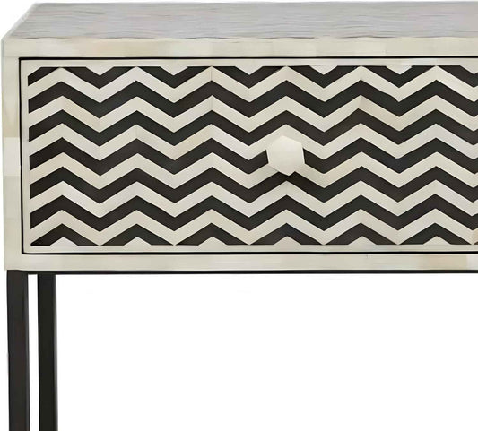 Bone Inlay Bedside Table with 1 Drawer Handcrafted Nightstand with Storage and Intricate Design Stylish Accent Furniture for Bedroom or Living Room Décor
