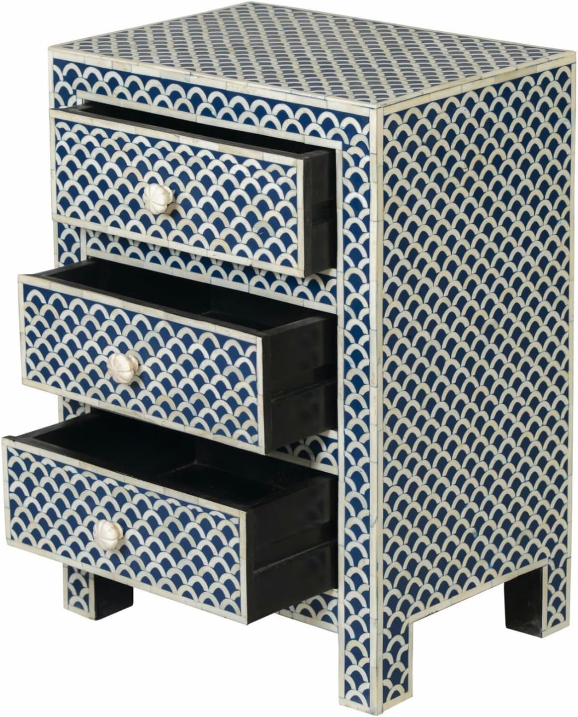 Bone Inlay Bedside Table with 3 Drawers Handcrafted Nightstand with Intricate Design Scallop Pattern Elegant and Functional Accent Furniture for Bedroom, Living Room or Guest Room Storage