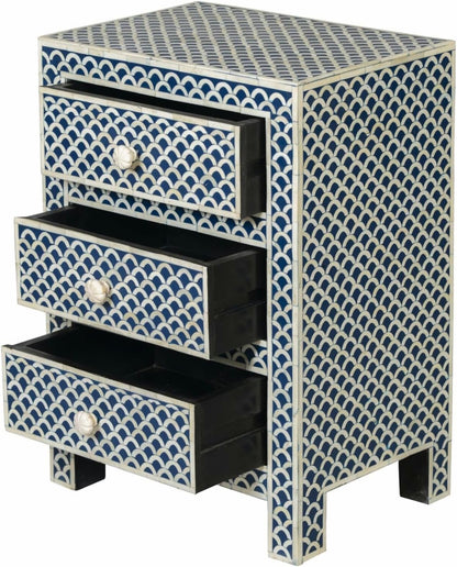 Bone Inlay Bedside Table with 3 Drawers Handcrafted Nightstand with Intricate Design Scallop Pattern Elegant and Functional Accent Furniture for Bedroom, Living Room or Guest Room Storage