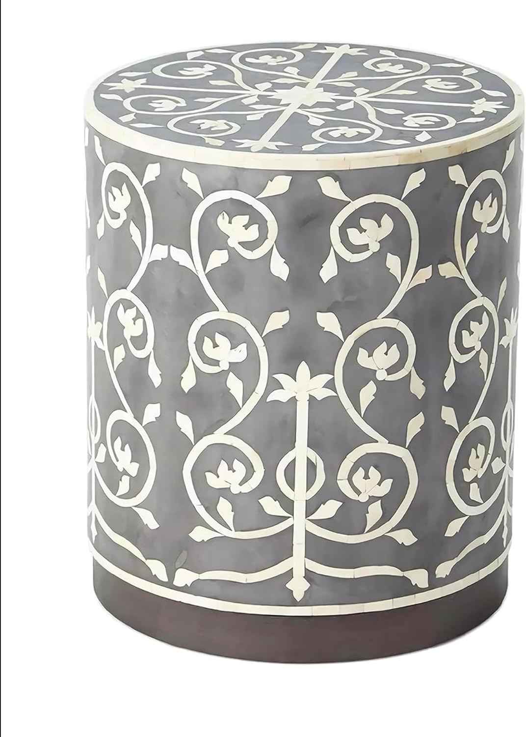 Bone Inlay End Table Handmade Indian Decorative Side Table with Intricate Floral Inlay Design Boho Accent Furniture for Living Room, Bedroom or Entryway