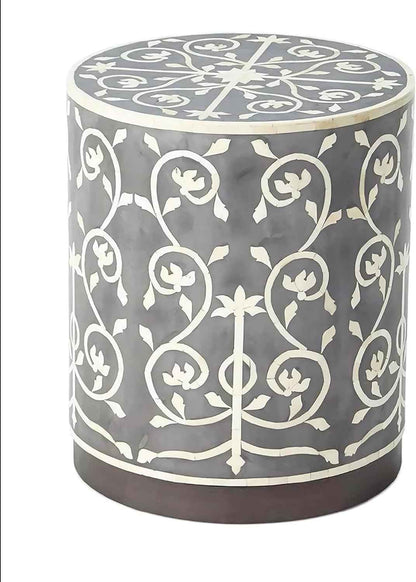 Bone Inlay End Table Handmade Indian Decorative Side Table with Intricate Floral Inlay Design Boho Accent Furniture for Living Room, Bedroom or Entryway