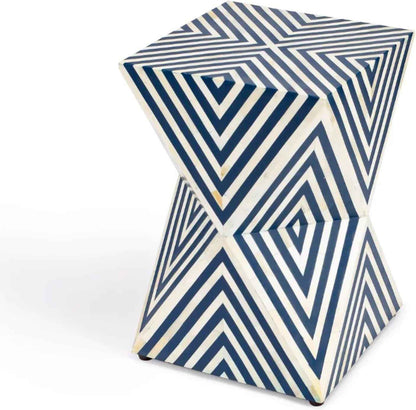 Handcrafted Bone Inlay End Table Intricate Geometric Stripe Pattern Accent Table Elegant Bohemian Side Table for Living Room, Bedroom or Entryway Decorative Artisan Furniture for Stylish Home Décor