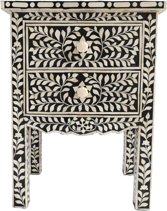 Bone Inlay Bedside Table with 2 Drawers Handcrafted Nightstand with Detailed Floral Design Stylish and Functional Accent Furniture for Bedroom or Living Room Storage and Décor
