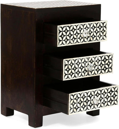 Bone Inlay Bedside Table Handcrafted Nightstand with 3 Storage Drawer and Star Floral Inlay Pattern Design Elegant Accent Furniture for Bedroom, Living Room or Guest Room Décor
