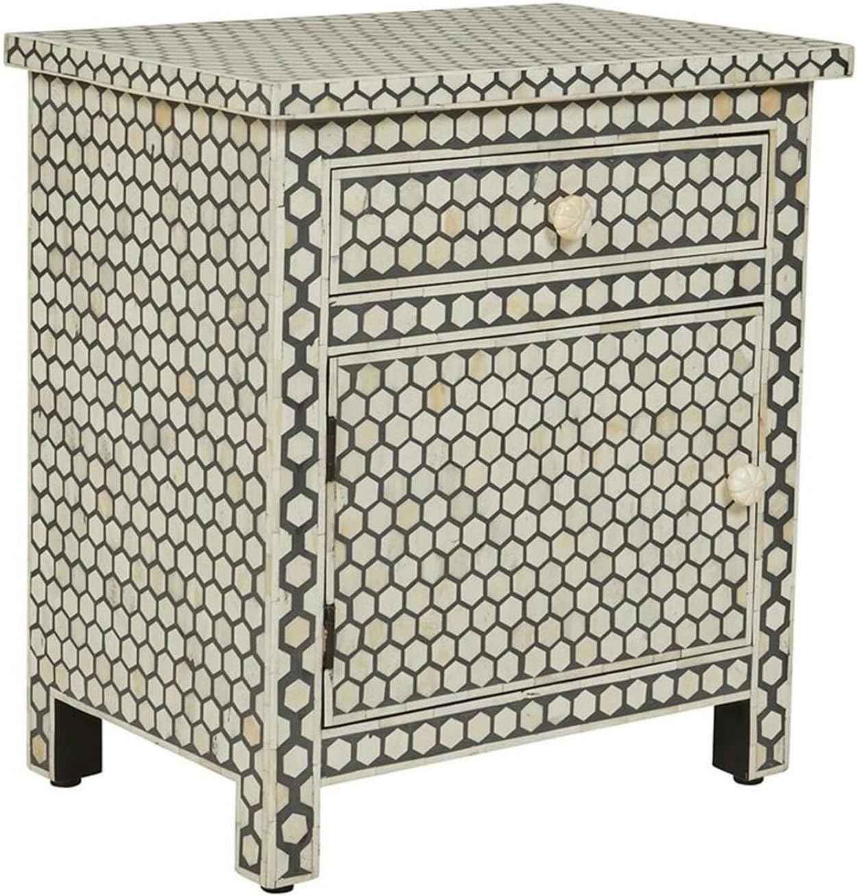 Bone Inlay Bedside Table with 2 Drawers Handcrafted Honeycomb Pattern Nightstand with Storage Modern Accent Furniture for Bedroom, Living Room or Entryway Décor
