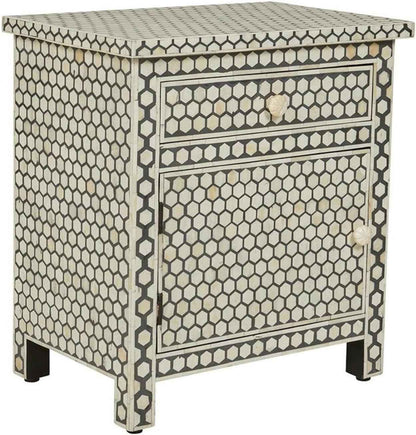 Bone Inlay Bedside Table with 2 Drawers Handcrafted Honeycomb Pattern Nightstand with Storage Modern Accent Furniture for Bedroom, Living Room or Entryway Décor