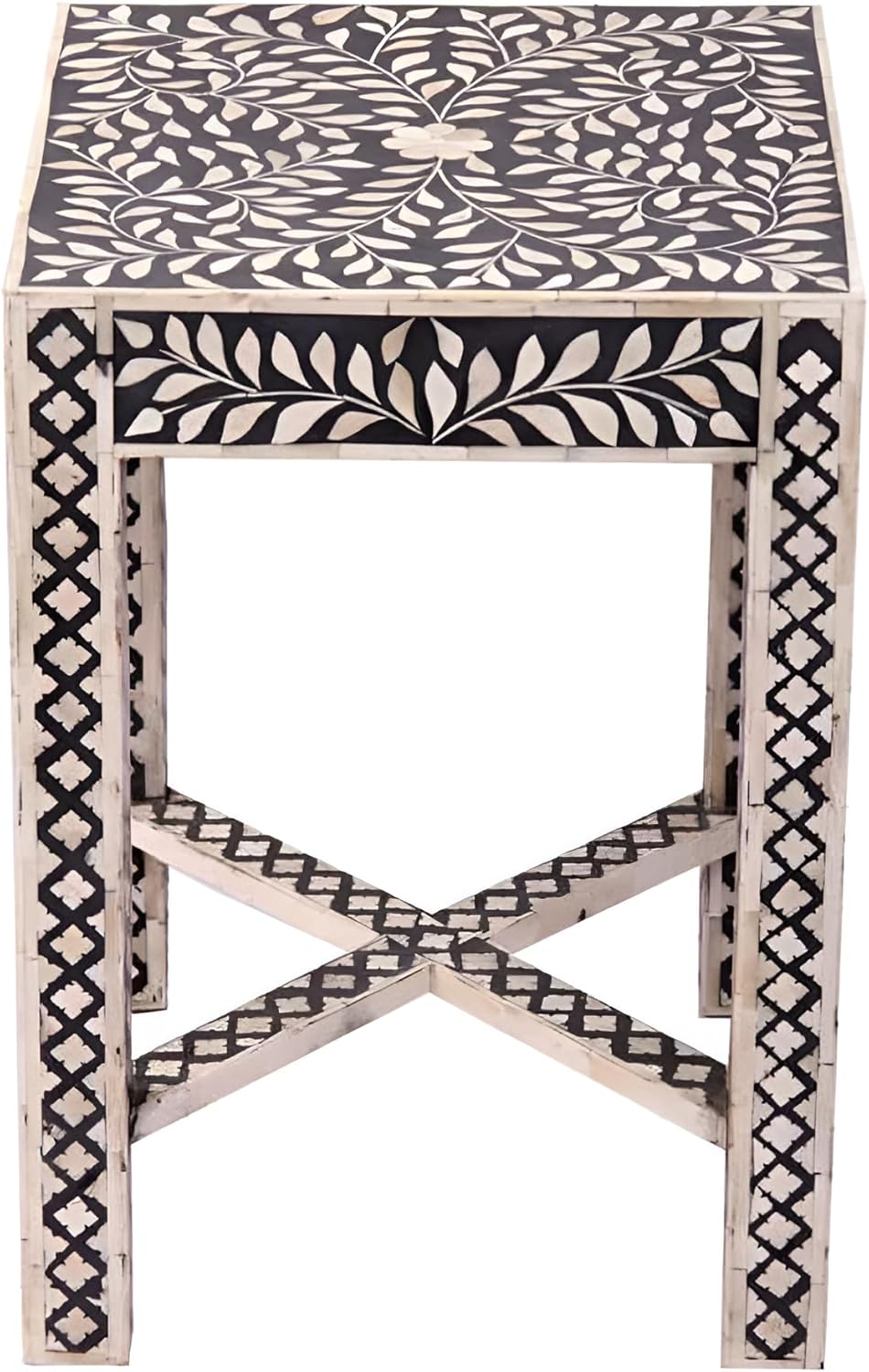 Bone Inlay End Table Handcrafted Accent Table with Intricate Inlay Design Indian Artisan Side Table for Living Room, Bedroom or Entryway Boho and Elegant Home Décor - Hansa Handicraft