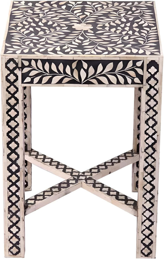 Bone Inlay End Table Handcrafted Accent Table with Intricate Inlay Design Indian Artisan Side Table for Living Room, Bedroom or Entryway Boho and Elegant Home Décor - Hansa Handicraft