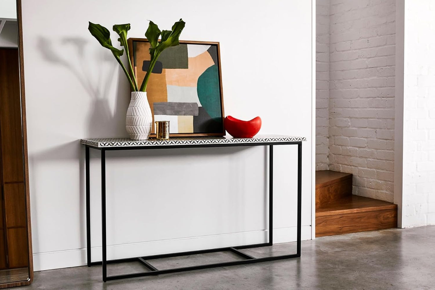 Bone Inlay Console Table Handcrafted Solid Wood Entryway Table with Intricate Floral Design for Hallway, Living Room, or Bedroom Décor