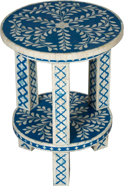 Handcrafted Bone Inlay End Table Elegant Accent Furniture with Intricate Floral Design for Living Room or Bedroom Décor