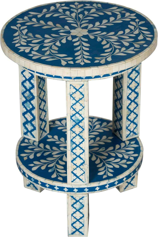 Handcrafted Bone Inlay End Table Elegant Accent Furniture with Intricate Floral Design for Living Room or Bedroom Décor