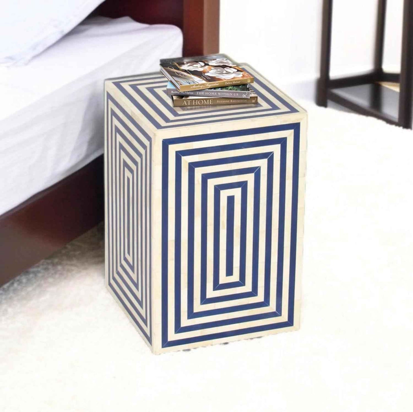 Handcrafted Bone Inlay End Table with Intricate Floral Pattern Artisan Accent Table for Living Room, Bedroom or Entryway Boho-Chic Home Décor