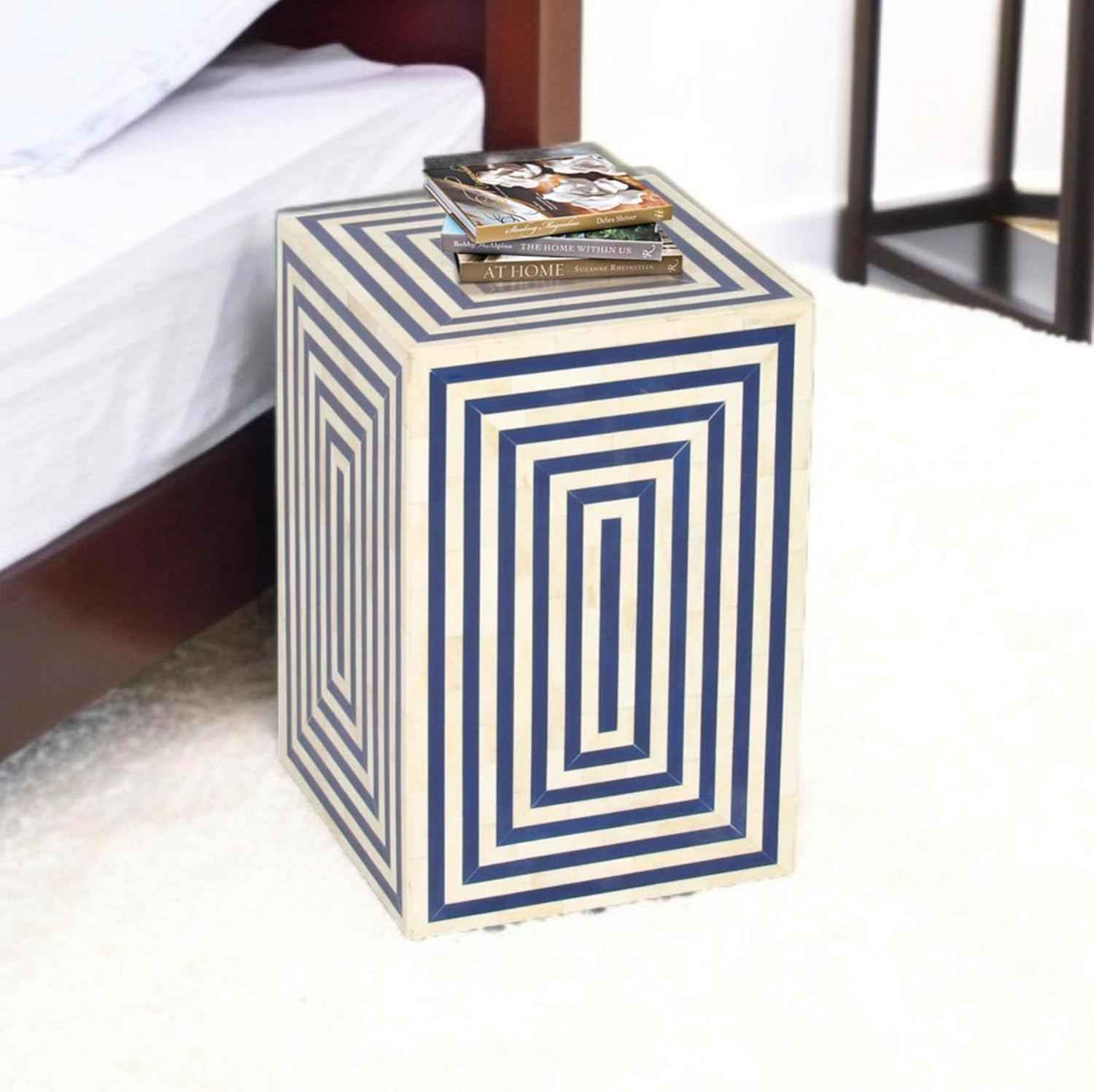 Handcrafted Bone Inlay End Table with Intricate Floral Pattern Artisan Accent Table for Living Room, Bedroom or Entryway Boho-Chic Home Décor