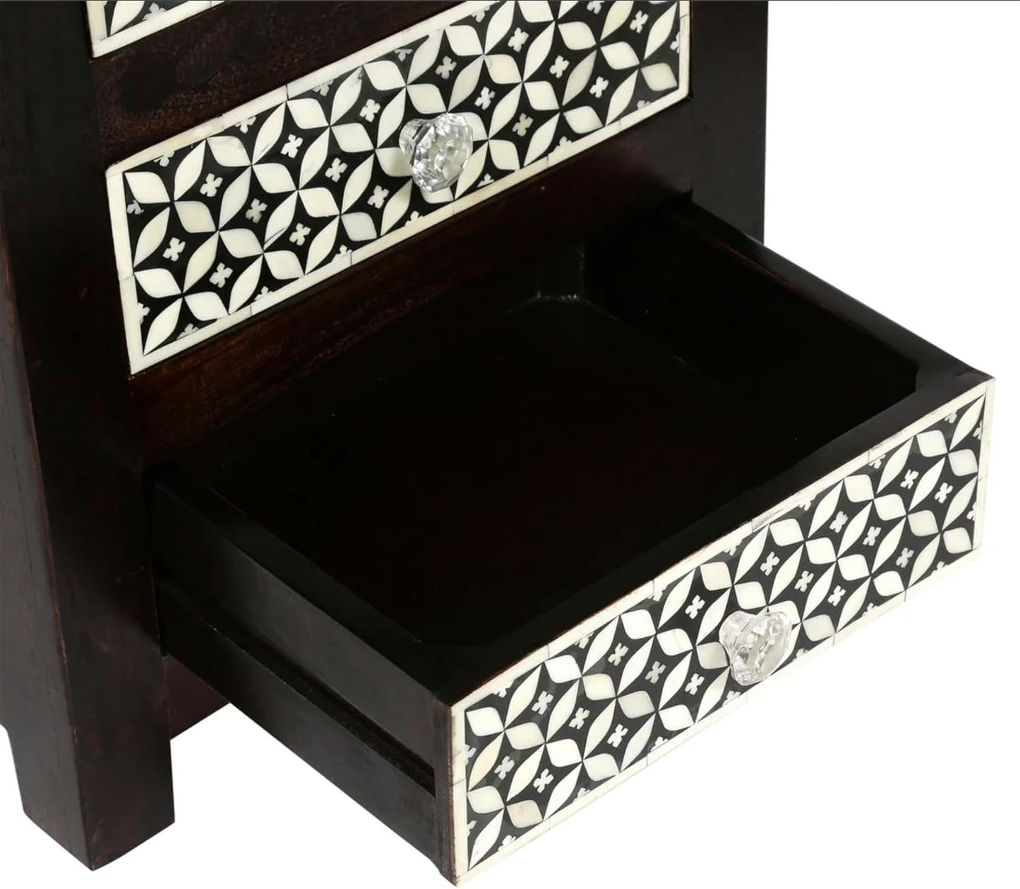 Bone Inlay Bedside Table Handcrafted Nightstand with 3 Storage Drawer and Star Floral Inlay Pattern Design Elegant Accent Furniture for Bedroom, Living Room or Guest Room Décor