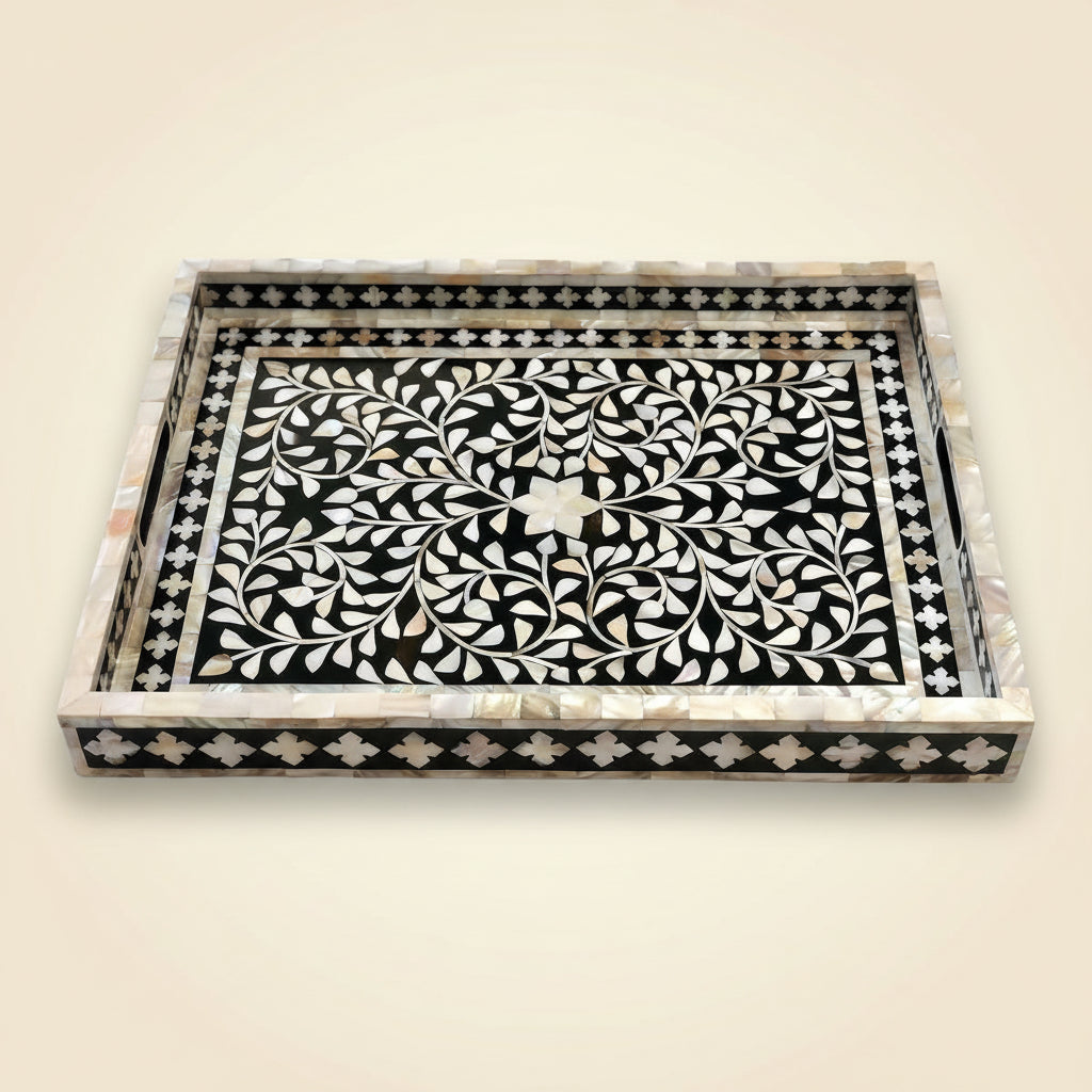 Hansa Handmade Bone Inlay Serving Tray Rectangle Tray Geometrical Pattern Decorative Platter Basket Tray for Ottoman - Hansa Handicraft