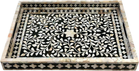 Hansa Handmade Bone Inlay Serving Tray Rectangle Tray Geometrical Pattern Decorative Platter Basket Tray for Ottoman