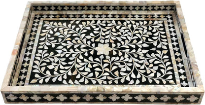 Hansa Handmade Bone Inlay Serving Tray Rectangle Tray Geometrical Pattern Decorative Platter Basket Tray for Ottoman