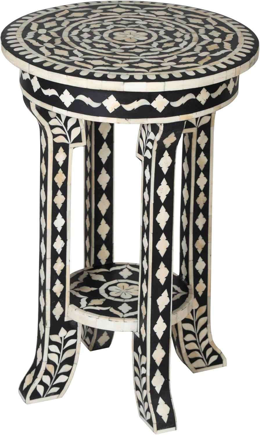 Handcrafted Bone Inlay End Table Unique Decorative Accent Table with Intricate Inlay Floral Patterns for Living Room and Bedroom