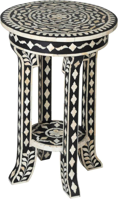 Handcrafted Bone Inlay End Table Unique Decorative Accent Table with Intricate Inlay Floral Patterns for Living Room and Bedroom