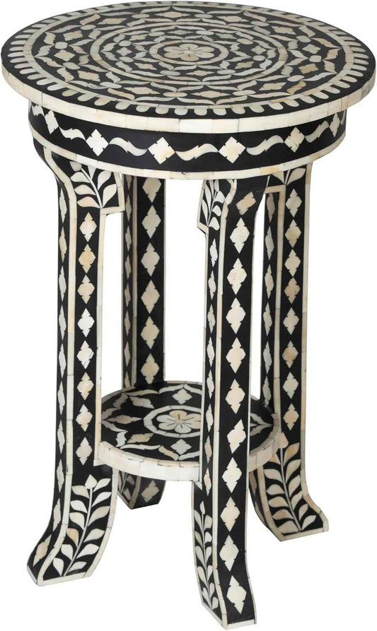 Handcrafted Bone Inlay End Table Unique Decorative Accent Table with Intricate Inlay Floral Patterns for Living Room and Bedroom