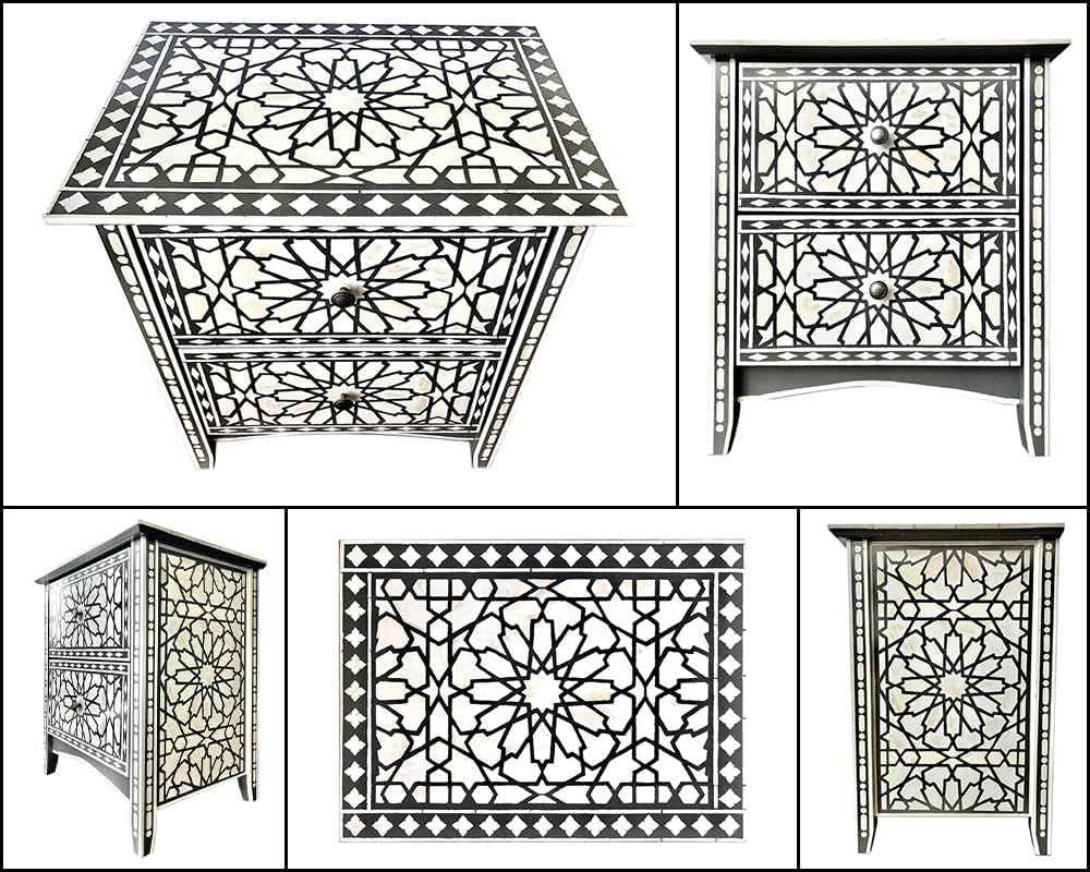 Bone Inlay Bedside Table Handcrafted Nightstand with Intricate Floral Design and Storage Drawer – Elegant Accent Furniture for Bedroom Décor