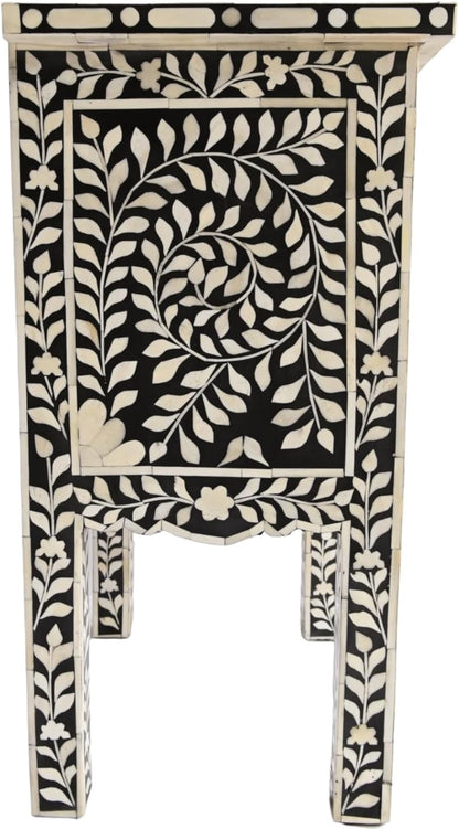 Bone Inlay Bedside Table with 2 Drawers Handcrafted Nightstand with Detailed Floral Design Stylish and Functional Accent Furniture for Bedroom or Living Room Storage and Décor