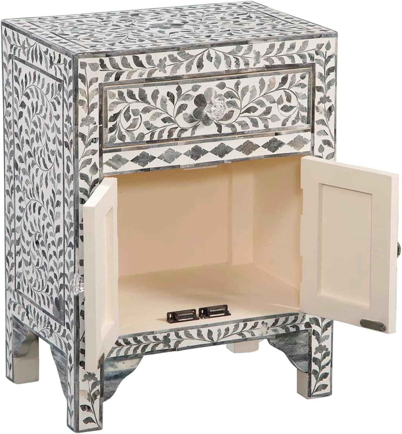 Bone Inlay Bedside Table with 2 Drawers Handcrafted Nightstand with Storage Elegant Inlay Design Accent Furniture for Bedroom, Living Room or Entryway