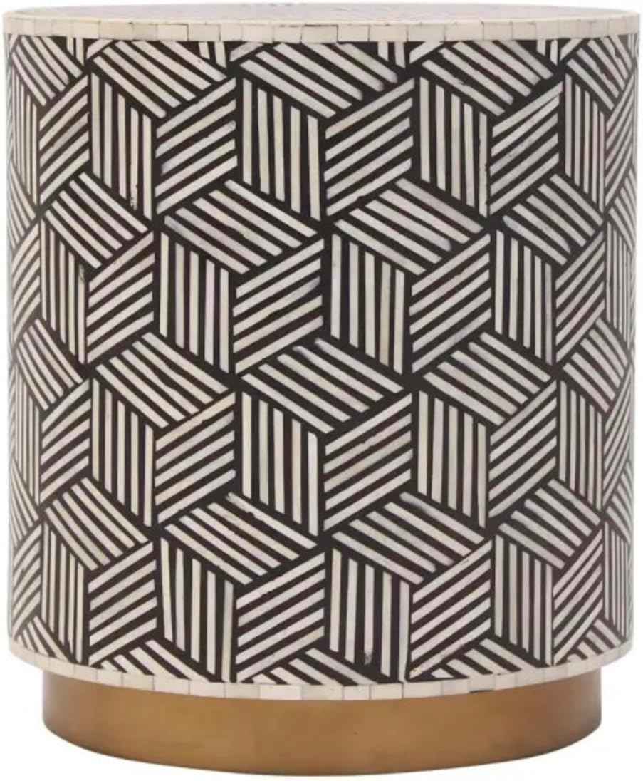 Bone Inlay End Table Handmade Indian Accent Table with Floral Inlay Design Boho Decorative Side Table for Bedroom, Living Room or Entryway