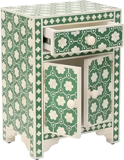 Bone Inlay Bedside Table with 2 Drawers Handcrafted Nightstand with Storage Elegant Floral Design Accent Furniture for Bedroom, Living Room or Entryway Décor
