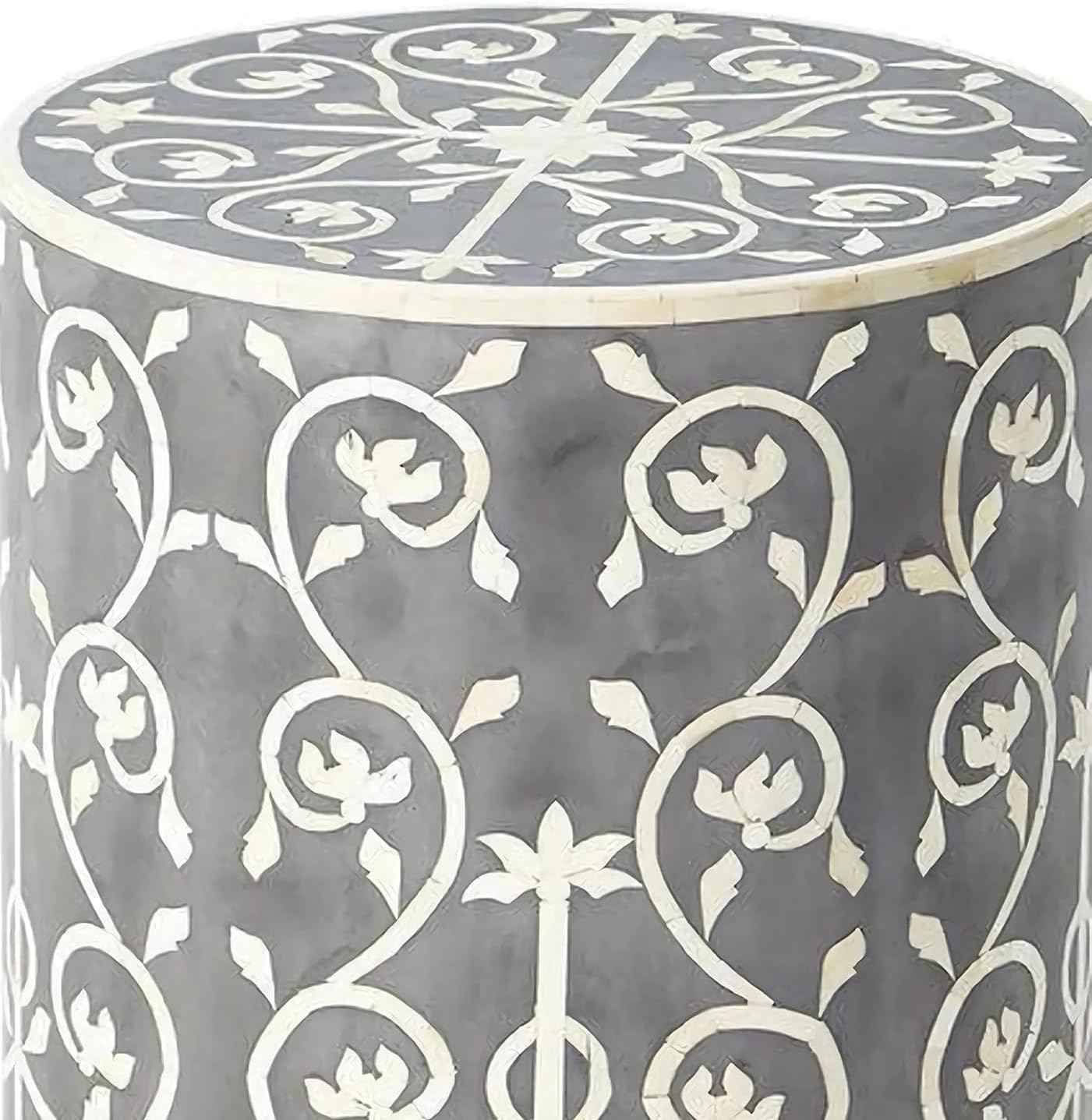 Bone Inlay End Table Handmade Indian Decorative Side Table with Intricate Floral Inlay Design Boho Accent Furniture for Living Room, Bedroom or Entryway