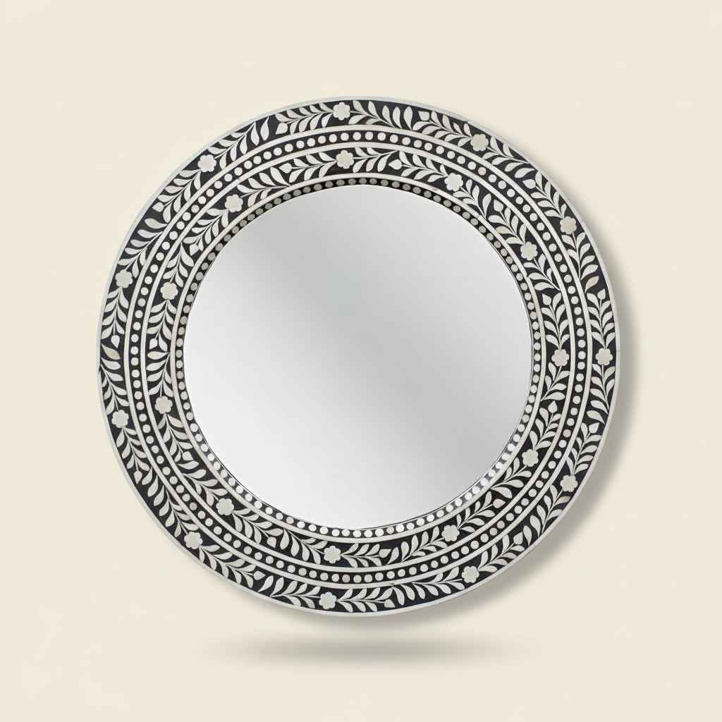 Handcrafted Bone Inlay Mirror Frame Decorative Wall Mirror with Intricate Floral Design Artisan-Made Accent Piece for Living Room, Bedroom Home Décor