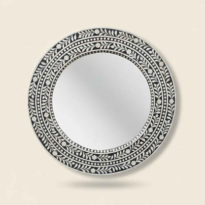 Handcrafted Bone Inlay Mirror Frame Decorative Wall Mirror with Intricate Floral Design Artisan-Made Accent Piece for Living Room, Bedroom Home Décor