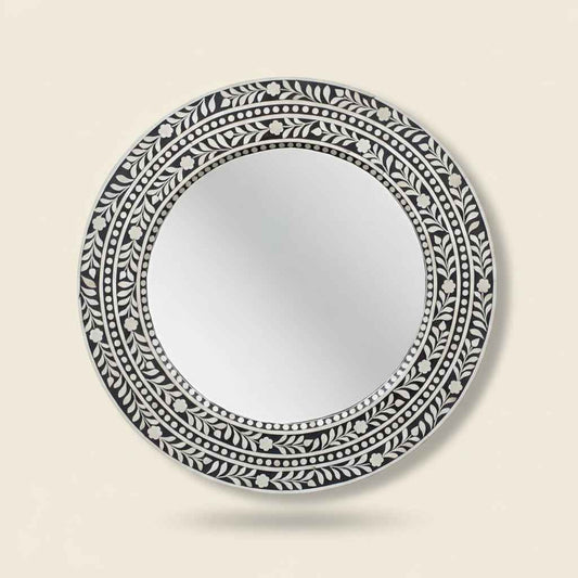 Handcrafted Bone Inlay Mirror Frame Decorative Wall Mirror with Intricate Floral Design Artisan-Made Accent Piece for Living Room, Bedroom Home Décor