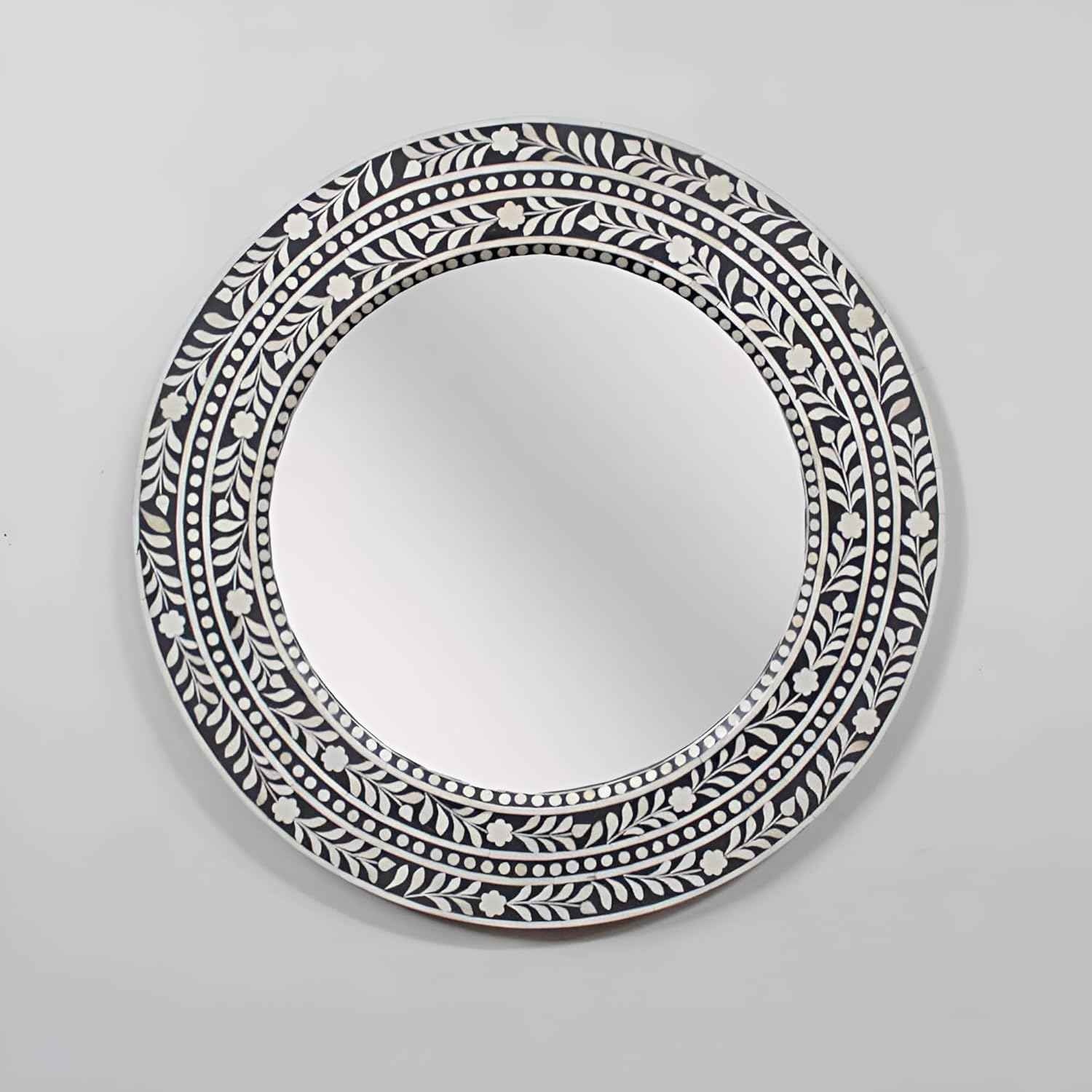 Handcrafted Bone Inlay Mirror Frame Decorative Wall Mirror with Intricate Floral Design Artisan-Made Accent Piece for Living Room, Bedroom Home Décor