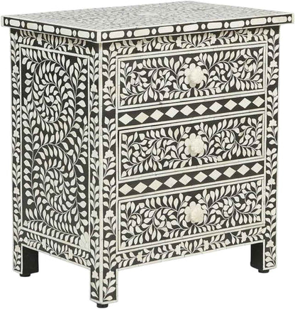 Bone Inlay Bedside Table with 3 Drawers Handcrafted Nightstand with Ample Storage Elegant Floral Design Accent Furniture for Bedroom, Living Room or Guest Room Décor