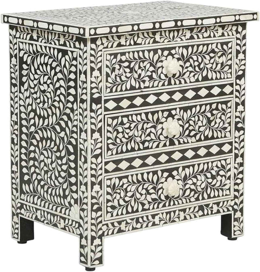 Bone Inlay Bedside Table with 3 Drawers Handcrafted Nightstand with Ample Storage Elegant Floral Design Accent Furniture for Bedroom, Living Room or Guest Room Décor