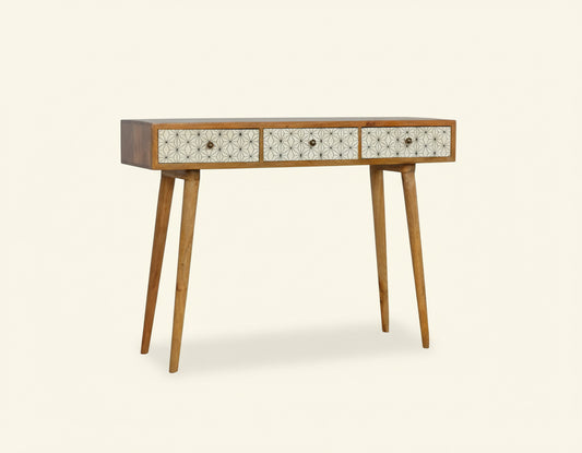 Handcrafted Bone Inlay Console Table with Geometric Design Solid Wood Modern Table with 3 Storage Drawers for Any Room