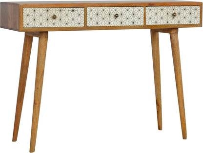 Handcrafted Bone Inlay Console Table with Geometric Design Solid Wood Modern Table with 3 Storage Drawers for Any Room