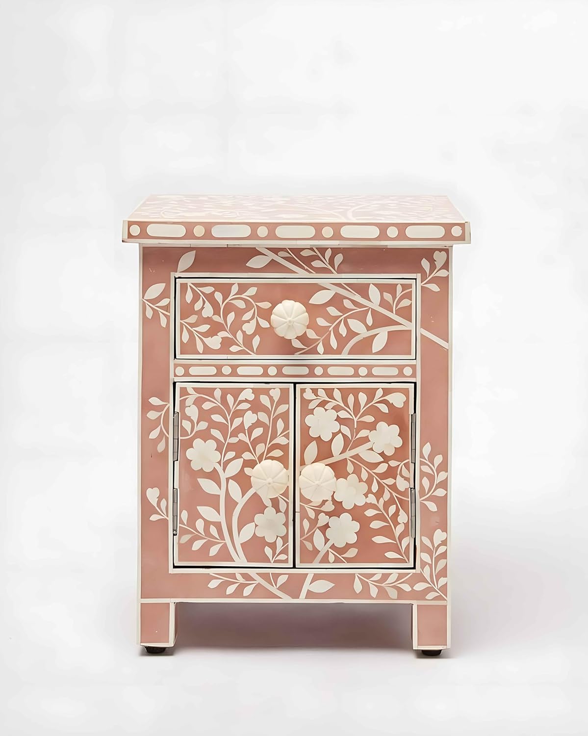 Bone Inlay Bedside Table with Storage Handcrafted Nightstand with Elegant Floral Pattern Design Stylish and Functional Accent Furniture for Bedroom, Living Room, or Entryway Décor
