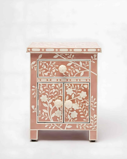 Bone Inlay Bedside Table with Storage Handcrafted Nightstand with Elegant Floral Pattern Design Stylish and Functional Accent Furniture for Bedroom, Living Room, or Entryway Décor