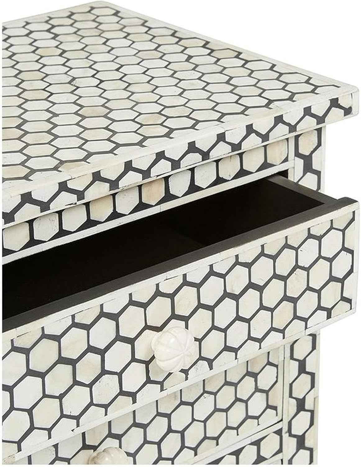Bone Inlay Bedside Table with 2 Drawers Handcrafted Honeycomb Pattern Nightstand with Storage Modern Accent Furniture for Bedroom, Living Room or Entryway Décor