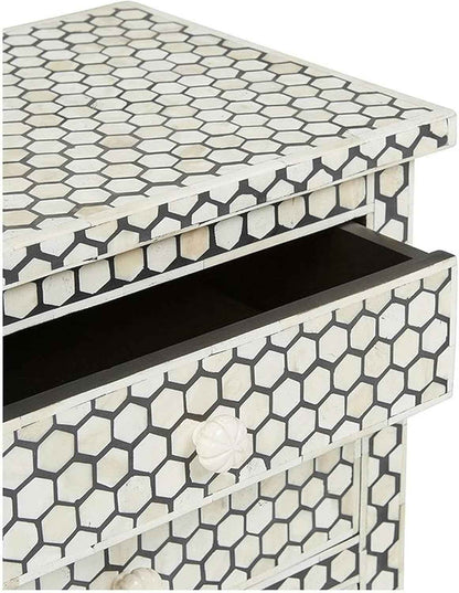Bone Inlay Bedside Table with 2 Drawers Handcrafted Honeycomb Pattern Nightstand with Storage Modern Accent Furniture for Bedroom, Living Room or Entryway Décor