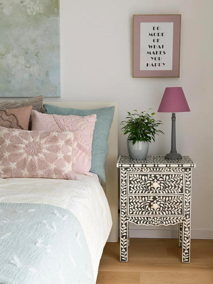 Bone Inlay Bedside Table with 2 Drawers Handcrafted Nightstand with Detailed Floral Design Stylish and Functional Accent Furniture for Bedroom or Living Room Storage and Décor